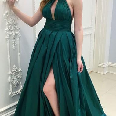 Dark Green Satin Keyhole Prom Dresses Long A-line Evening Formal Dress ...