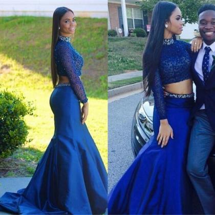 Sexy Girl Mermaid Prom Dress Two Piece 2016 High Neck Beaded Navy Blue ...