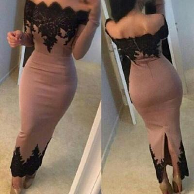 Appliques Off the Shoulder Prom Dresses Scalloped Neckline Long Sleeves Ankle Length Casual Dress
