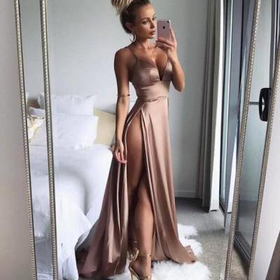 Satin Prom Dresses Long Sexy High Slit Evening Dresses Elegant Formal Gowns Spaghetti Straps Party Pageant Dresses