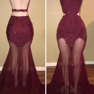 Burgundy Tulle Appliques Prom Dresses Long Mermaid Evening Dresses Halter Formal Pageant Gowns Sexy Party Dresses Graduation Gowns Backless