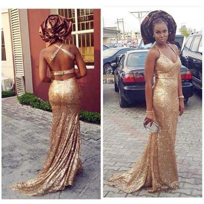 Gold Sequins Long Evening Dresses 2016 Halter Mermaid Long Party Prom Gowns With Criss Cross Straps