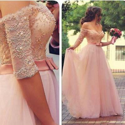 Off Shoulder Half Sleeves Pink Long Party Prom Dresses Sweetheart Sash Bow Beads Pearls Long Evening Dresses