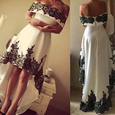 2016 New Hi-low Appliques Prom Party Dresses Long Boat Neck Formal Gowns Long Evening Dresses Custom