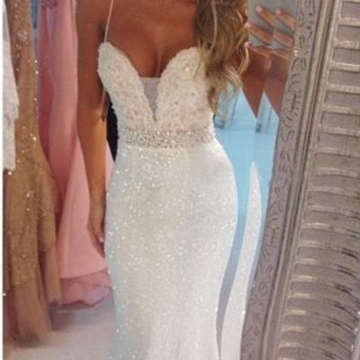 Long White Mermaid Evening Prom Dress Crystal New Spaghetti Straps Party Ball Pageant Formal Gowns FREE Shipping