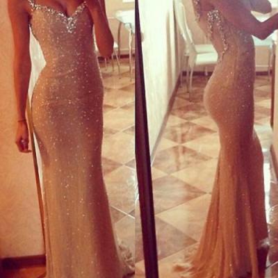 Champagne Long Beaded Mermaid Prom Party Dresses V-neck Evening Dresses Formal Ball Gowns