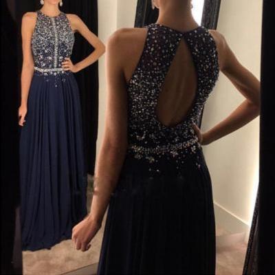 Long Navy Blue Chiffon A-line Beaded Sequins Party Cocktail Dress Prom Dress Formal Gowns Evevning Dresses Long Sequins Homecoming Dresses for Women