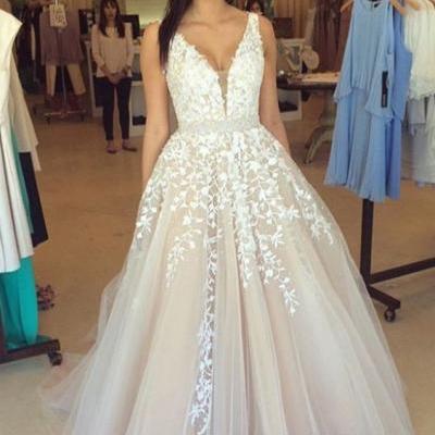 Long Tulle Appliques V-neck Prom Dresses Formal Evening Gowns Long Tulle Party Cocktail Dresses