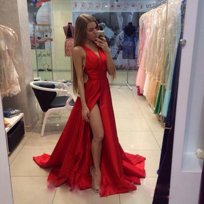 Prom Dress,Prom Dresses,Long Red Prom Dresses, Satin A-Line Prom Party Dress,Red Formal Gowns,Sexy Party Dresses,High Slit Prom Dresses