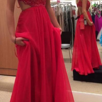 Prom Dresses,Prom Dress,A-line Chiffon Prom Dresses,Red Prom Dresses,V-neck Prom Dresses,Chiffon Formal Gowns,Open Back Evening Dresses,Cheap Gradustion Dresses,Beaded Party Dresses,Long Homecoming Dresses,Long Red Chiffon Fomral Gowns