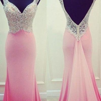 Sexy Pink Chiffon V-neck Long Mermaid Prom Dresses Beaded Formal Gowns Open Back Evening Dresses Plus Size Party Homecoming Dresses