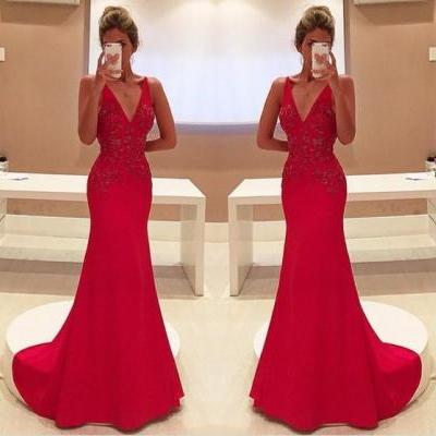 V Neck Mermaid Prom Dress Red Long Chiffon Lace Modest Evening Dresses For Senior Teens