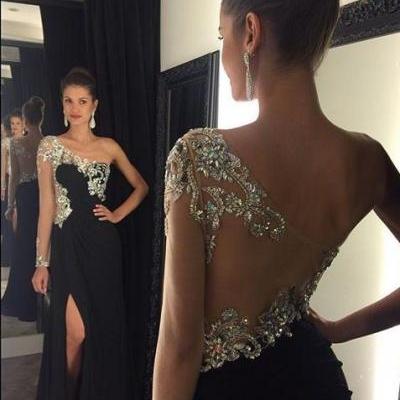 Prom Dresses,Long Black Prom Dresses,Chiffon Prom Dress,One Shoulder Evening Dress,Modest Evening Gowns,Beaded Party Gowns,Prom Dresses with Slit,Evening Dresses for Teens