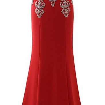 Red Beaded Embellished High Halter Neck Floor Length Chiffon Trumpet Evening, Prom Dress Featuring Keyhole Front 