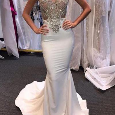 Long White Prom Dress,Mermaid Satin Prom Dress,Beading Women Party Gowns,Sexy Evening Dresses,Sweetheart Mermaid Prom Dress