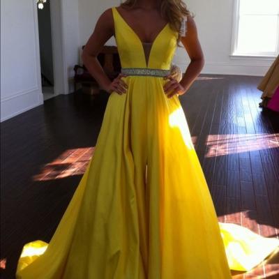 Sexy Prom Dress,Sleeveless Yellow Prom Dress,Sexy Evening Dress,Long Evening Gowns,V Neck Beaded Prom Dress with Slit