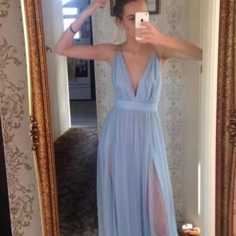 Blue Prom Dresses,Chiffon Evening Dress,Slit Prom Gowns,V neck Prom Gown,Sexy Formal Gown, Backless Prom Dresses,Cheap Prom Dresses 