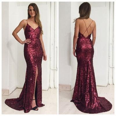Burgundy Sequin Prom Dresses,Long Mermaid Backless Prom Dresses,Sexy Long Party Dresses,Prom Dresses with Slit,Women Formal Evening Gowns