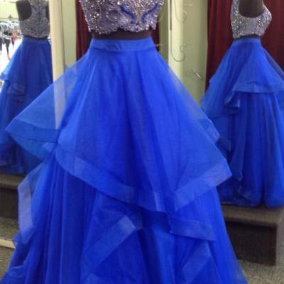Long Tulle Prom Dresses,Royal Blue Prom Dresses,Two Piece Prom Dresses,High Neck Prom Dresses,Long Party Dress Two Piece,Long Graduation Dress