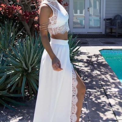 Two pieces Prom Dress,Lace Prom Dress, High Neck White Prom Dress, Most Popular Prom Dress,Long Prom Dress,Special Occasion Gowns,Prom Dresses with Slit