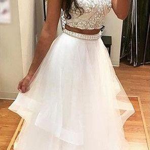 Two Pieces Prom Dress,Sexy Evening Dress,Halter Prom Dresses,Backless Long Party Dress,White Tulle Prom Dresses