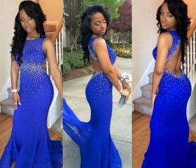 Royal Blue Long Beaded Backless Mermaid Party Cocktail Dresses Sexy ...