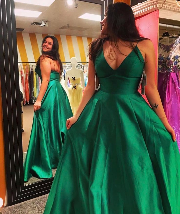 Emerald Green Satin Spaghetti Straps Prom Dresses Long A-line Sexy ...