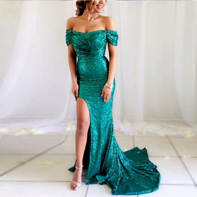 Green Sequin Prom Dress 2018 Scoop Neck Mermaid Evening Dresses