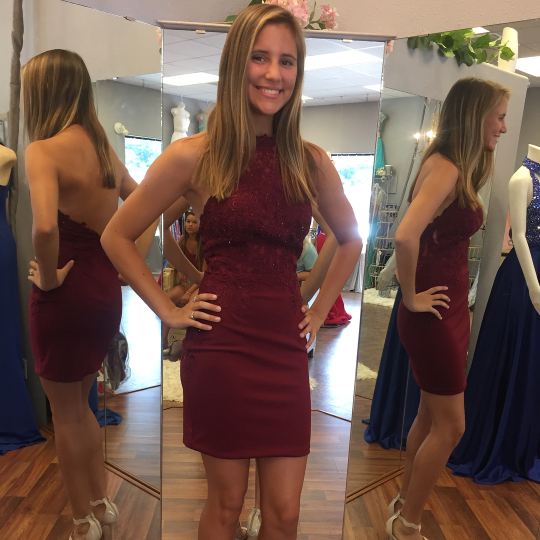 Sexy Deep V Neck Mesh Halter Neck Backless Homecoming Dress P3223 main image 1