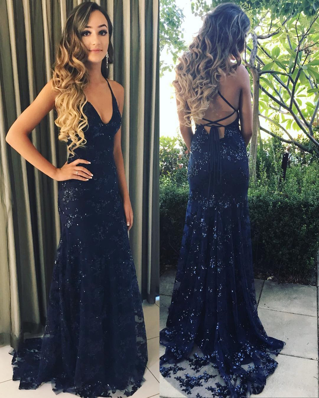 Navy Blue Lace Prom Dresses Long Mermaid Evening Dresses Halter Backless Formal Gowns Beaded V 