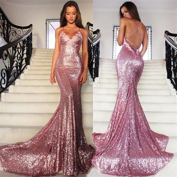 Sexy Rose Gold Sequin Glitter Mermaid Evening Dresses Women Party Gown –  Flora Prom
