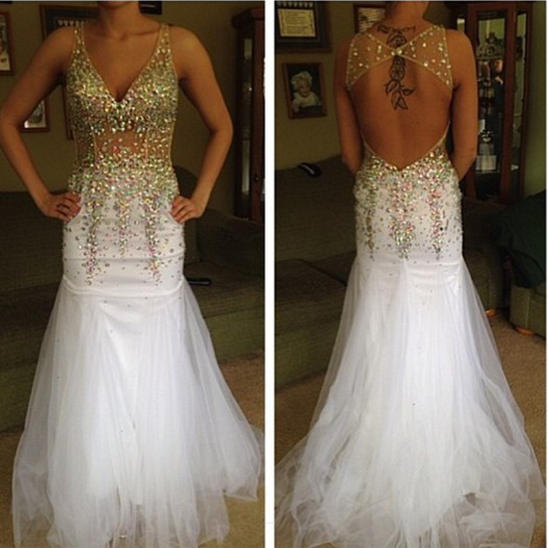 Glamorous White Crystal Sequins Prom Dresses Mermaid,PD21028 – luladress