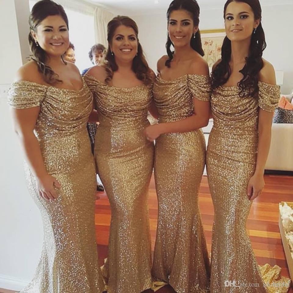 Gold Sequin Bridesmaid Dresses Mermaid Prom Dresses Floor Length Evening Dresses Special Occasion Vestidos De Noviva Festa Off The Shoulder Prom