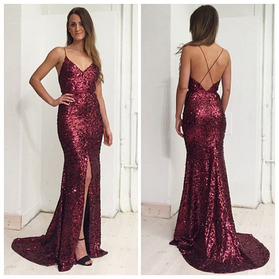 sequin burgundy prom dress
