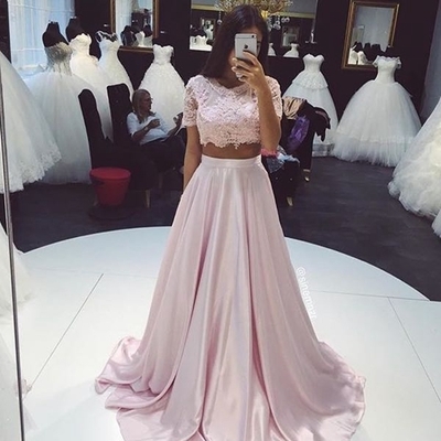 Short Sleeves Prom Dresses Light Pink Prom Dresses Two Pieces Prom