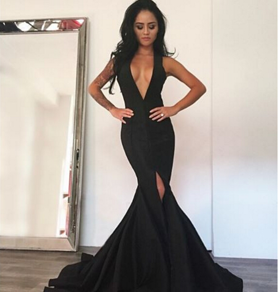 deep v long black dress