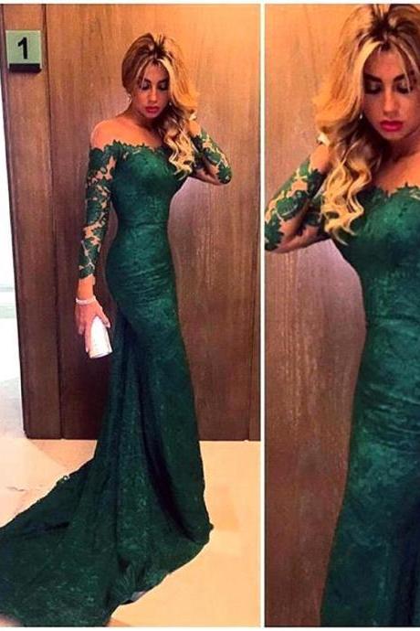 Green Lace Long Sleeve Mermaid Prom Dresses 2016 Sexy Sheer Emerald Formal Evening Gown Party Dress Custom Make