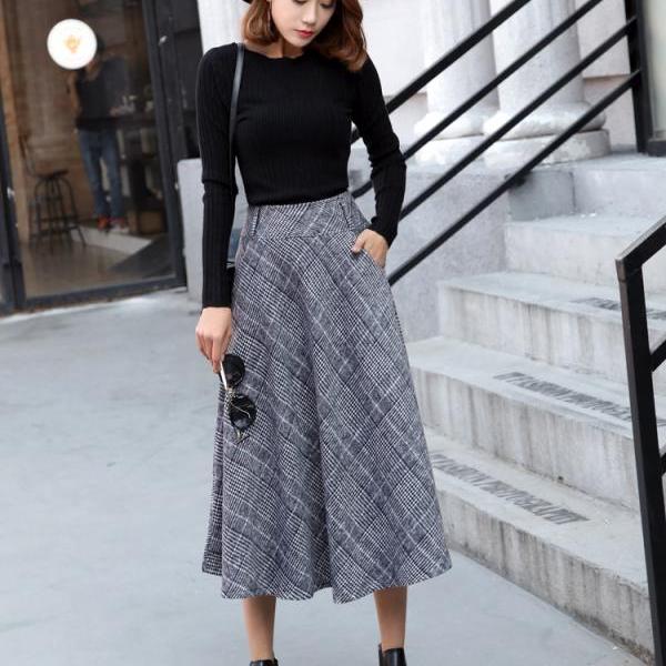 Womens Winter Plaid Pleated Thicken Wool Long A Line Skirts With