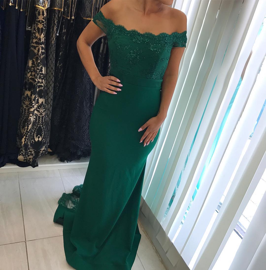 Dark Green Off Shoulder Sheath Satin Long Prom Dress Formal Evening Dress, DP4812 main image 1