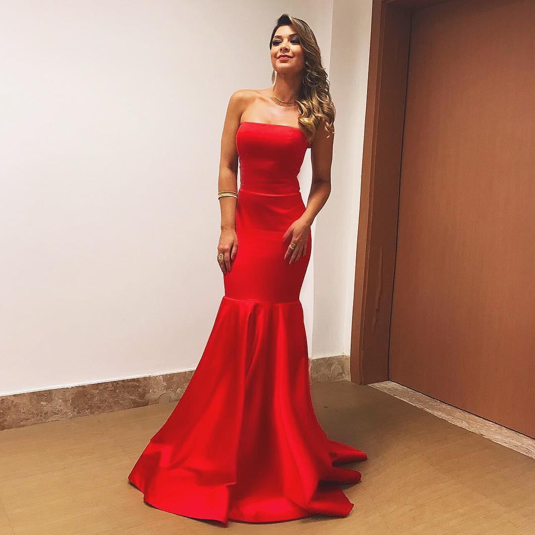 Red Satin Long Prom Dresses 2018 Mermaid Evening Dresses Strapless Sexy