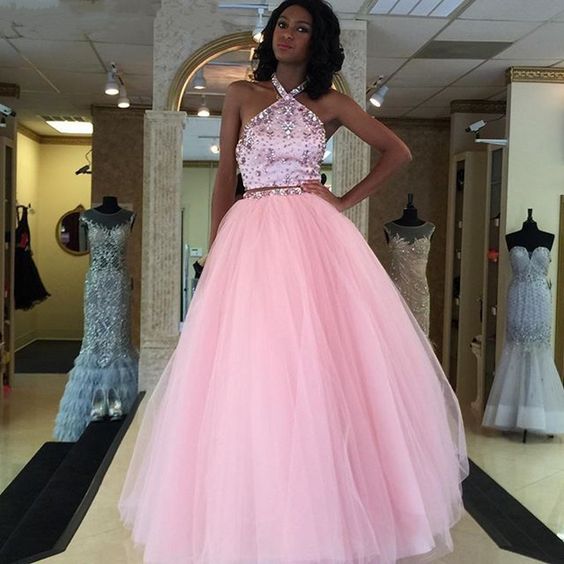 Pink Prom Dress,Two Piece Prom Dress,Beaded Prom Dress,Long Sleeveless ...
